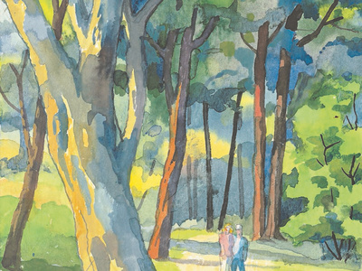 Hofgarten mit zwei Wanderern